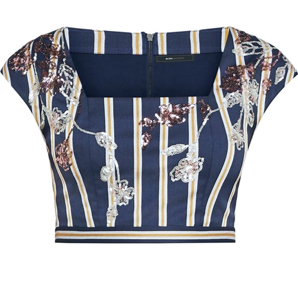 BCBGMaxAzria Blue Floral Sequin Embellished Cropped Top - Picture 9 of 12